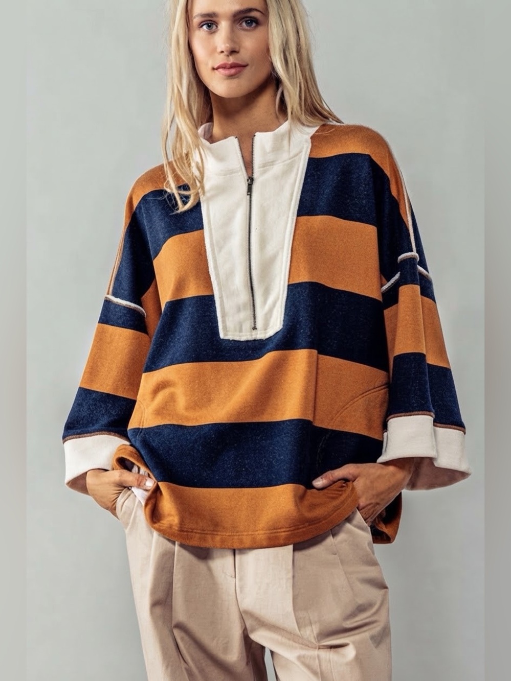 Urban Daizy Oversized Breezy Striped Half Zip Pullover Sweatshirt Top S/M